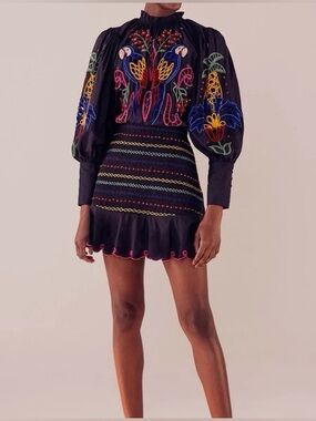 FARM Rio Black Long-Sleeve Embroidered Floral & Bird Dress